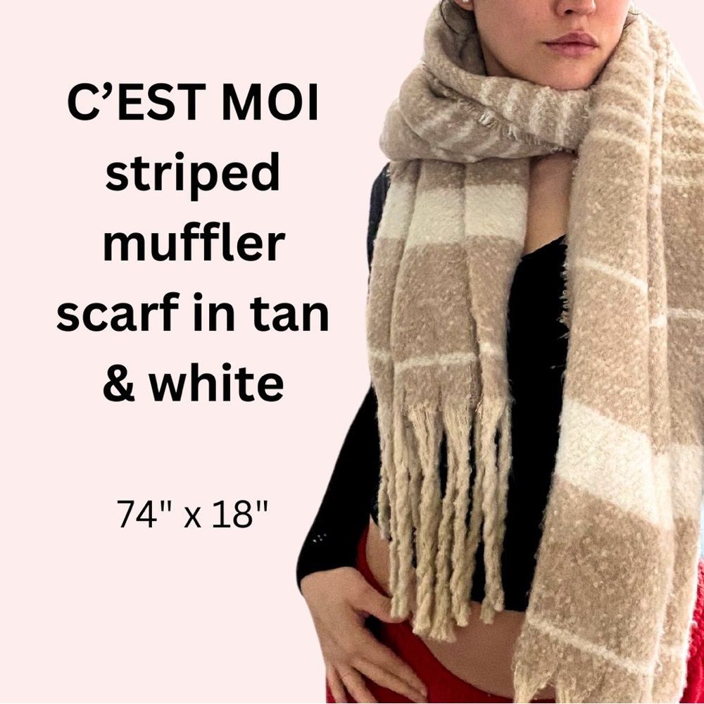 C’EST MOI ultra-soft neutral striped casual muffler scarf in tan & white acrylic